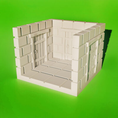 Modular dungeon tile with three doorways for RPG terrain building.
