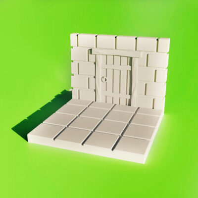 Individual 3D-printable dungeon wall piece with a single door.
